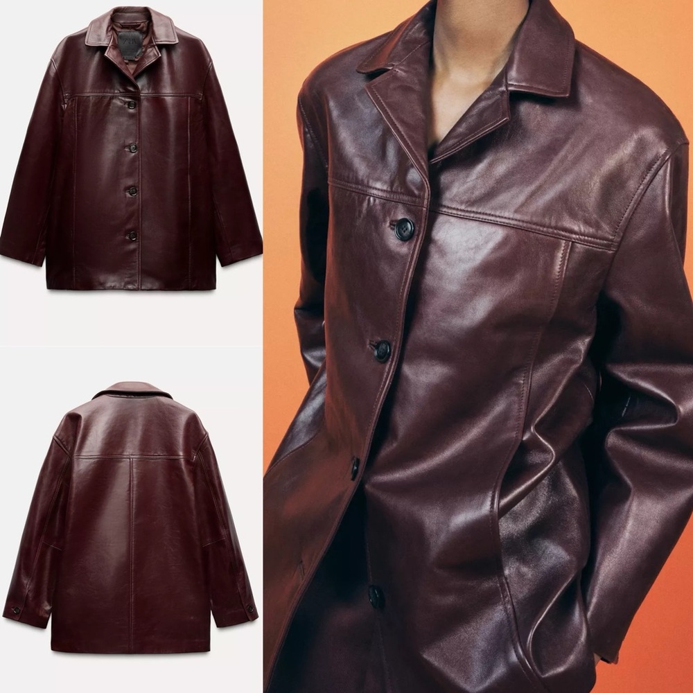 ZARA $349 100% Sheep Leather Burgundy Button Down Womens Jacket M